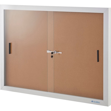 Global Industrial Enclosed Cork Bulletin Board with Sliding Doors, 48inW x 36inH 695874